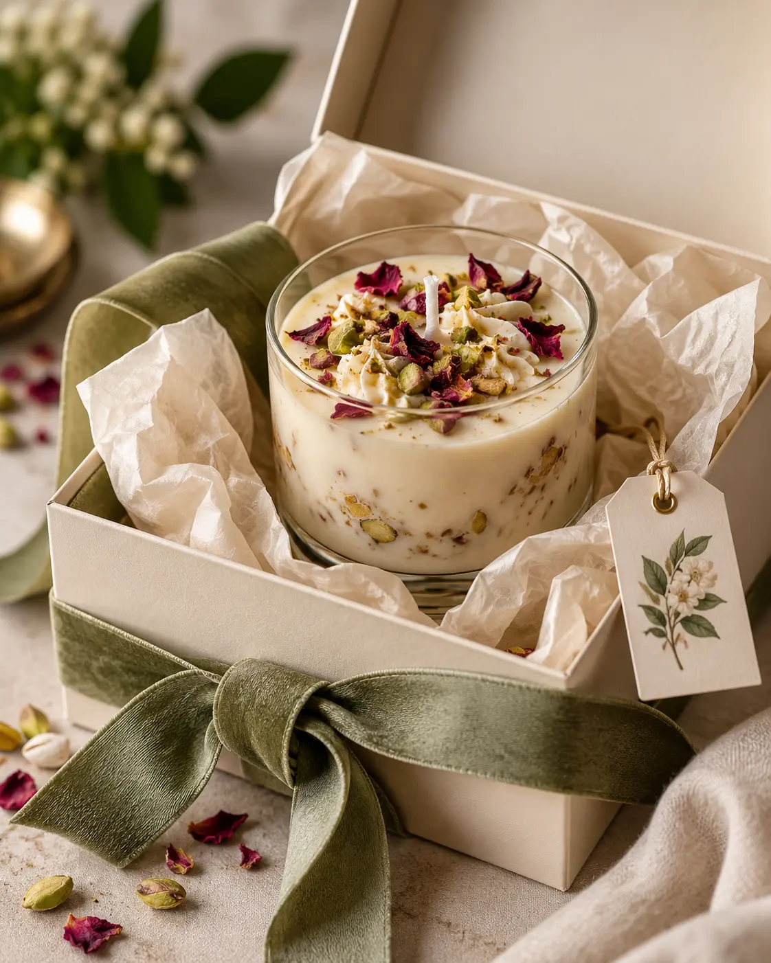 Premium pistachio and rose edible candle presented in a gift box