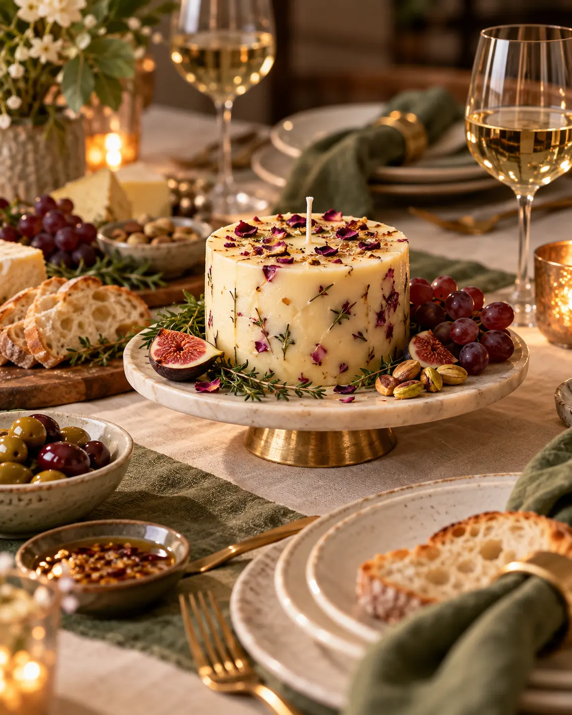 Elegant dinner table styled with a gourmet edible candle